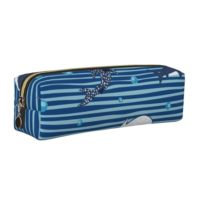 Disketp Sharks on White Blue Striped Estuche de Lápices de Cuero con Cierre, Estuche Compacto para Papelería, Bolígrafos y Accesorios Pequeños