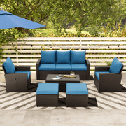 HOMREST 6 Piece Patio Furniture Set Outdoor Sectional Sofa Conversation Sofa Set with All-Weather Rattan Wicker for Porch Lawn Garden(Blue)