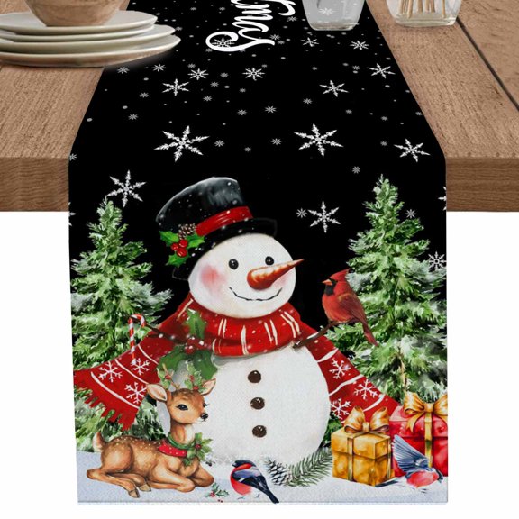 nqOlkjepod Christmas Snowman Table Runner 90 Inches Long Farmhouse Dress Scarves, Black Xmas Tree Elk Gifts Snowflake Dining Tablerunner for Coffee Table/Kitchen Island/Party Décor, 13" x 90"