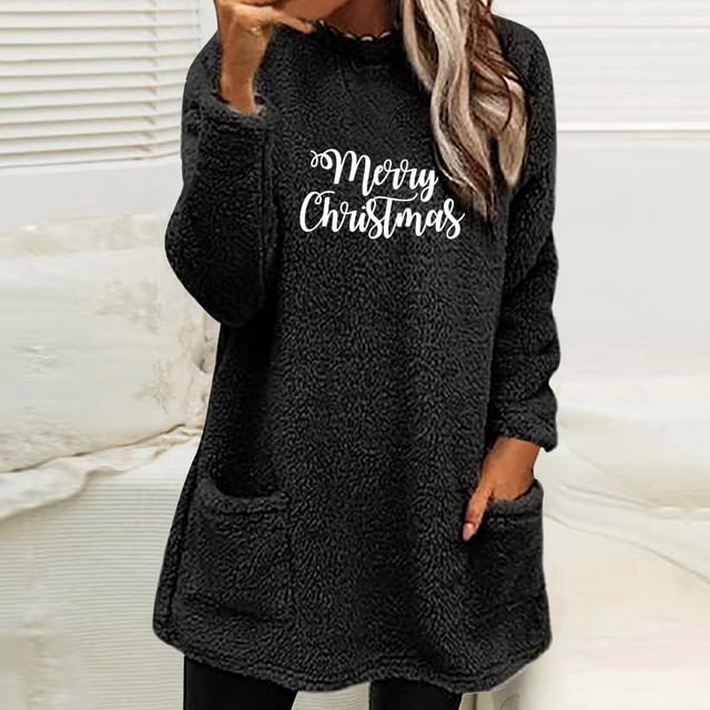 LSLJS Hauts Thermiques pour Femmes, Blouse à Col Rond et Imprimé d'Hiver avec Poche, Manches Longues Chaudes