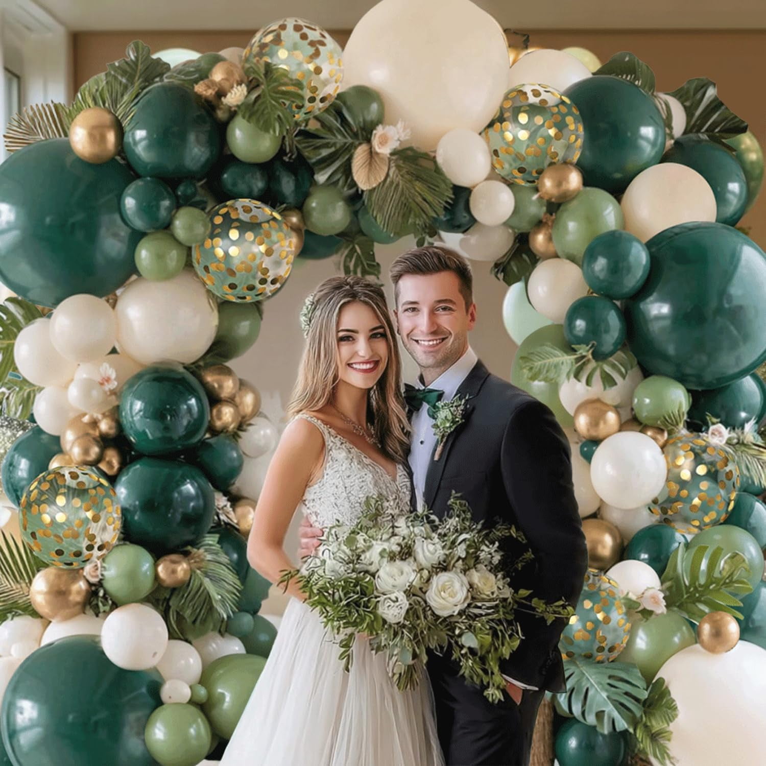 Emerald Green White Gold Balloon Arch Kit, Double Stuffed Sage Olive Green Sand White Beige Chrome Gold Confetti Balloons, for Wedding Birthday Graduation Jungle Safari Party Decor