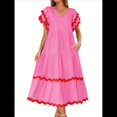 thumbnail image 1 of Vestido Midi Informal de Verano 2025 para Mujer, con Escote en V, Corta, Volantes, Corte A, . Rosa L, 1 of 10