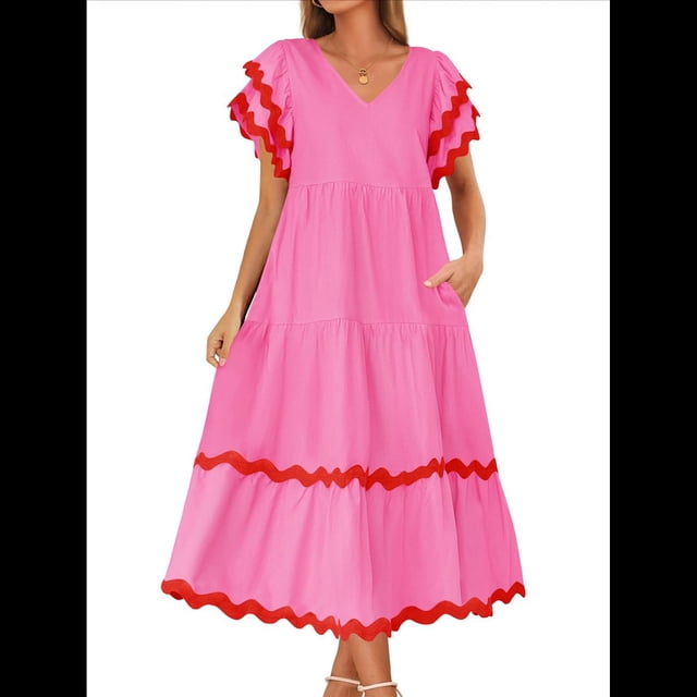 Vestido Midi Informal de Verano 2025 para Mujer, con Escote en V, Corta, Volantes, Corte A, . Rosa L