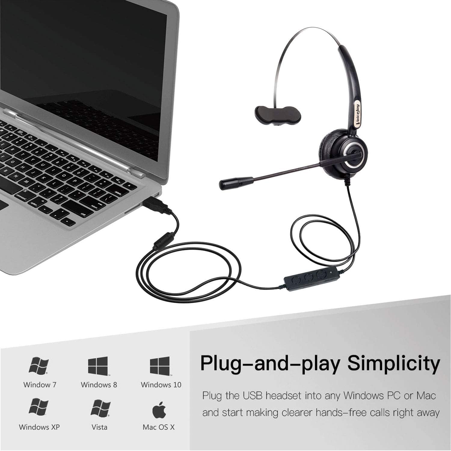 VoiceJoy Hands-Free Call Center Noise Cancelling Corded Monaural Headset Headphone with Mic Microphone with USB Plug Volume Control and Mute Switch 