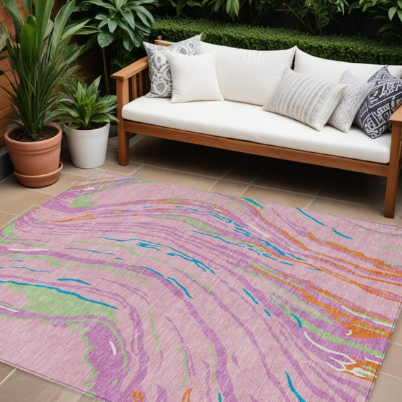 9' X 12' Pink Green And Teal Blue Abstract Washable Indoor Outdoor Area Rug