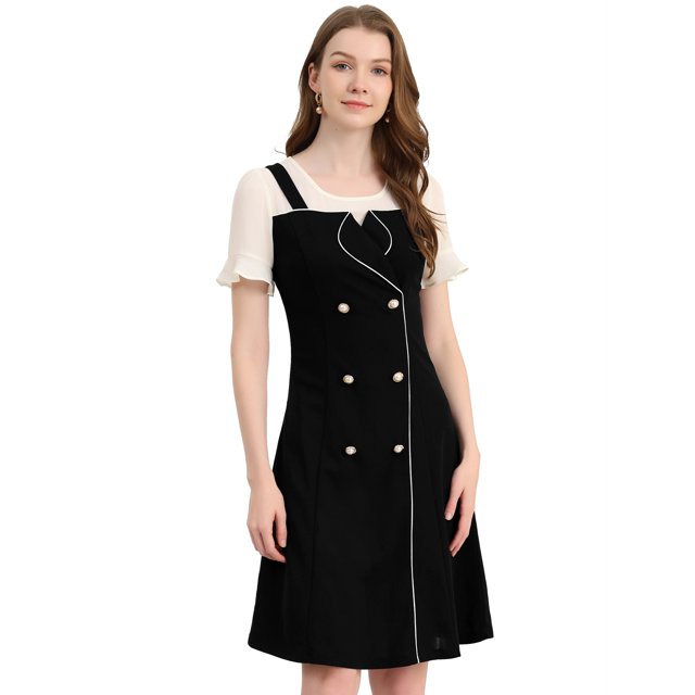 INSPIRE CHIC Women's Contrast Chiffon Short Sleeve Button Decor Dress Black S