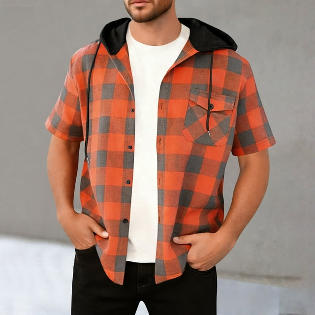 Mens Plaid Short Sleeve Shirts Button Down Hooded Drawstring Loose Fit Shackets with Chest Pockets Casual Summer Tops, Orange, XXL