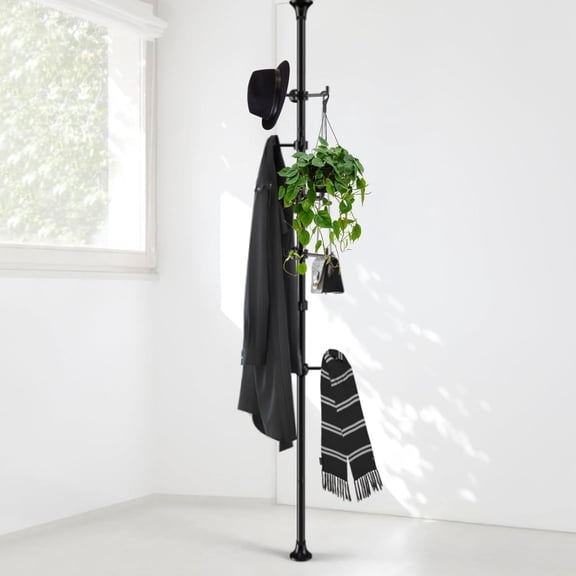 Coat Rack Freestanding, 56 to 125 inch Adjustable Tension Rod Hanger with 12 Hooks for Hanging Coat, plant, Jacket, Hat, Scarf, Suitable for Living Room, Balcony, Kitchen Black