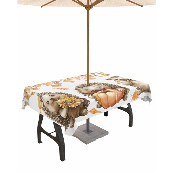 Fsddascl Fall Hedgehog Outdoor Tablecloth - 60x120 Inch Rectangle Dining Table Cover, Pumpkins Maple Leaf Orange Waterproof Outdoor Table Cloth with Umbrella Hole & Zipper for Picnic/Patio/Party