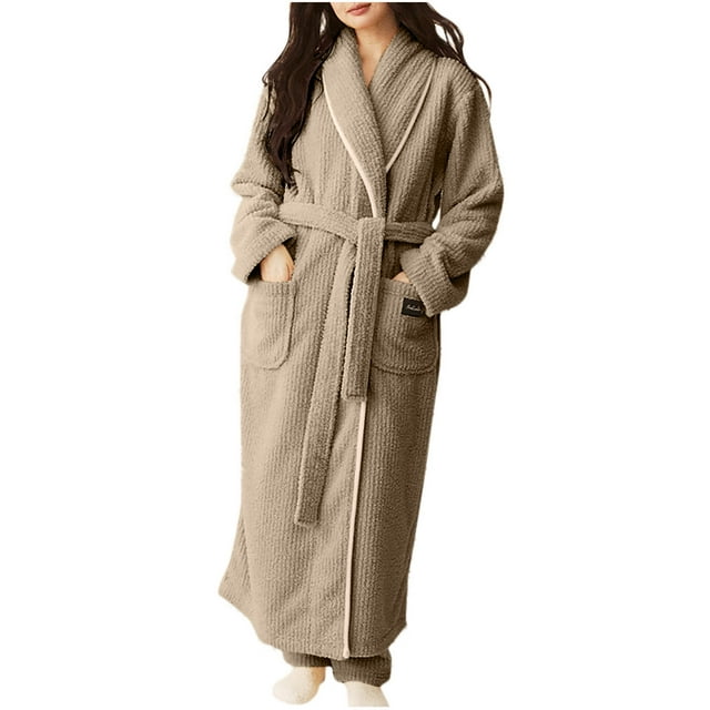 WRKEKC Womens Robe Long Sleeve Striped Pocket Coral Fleece Long Bathrobe for Women Loungewear Extended Length Sleep Robe Homewear