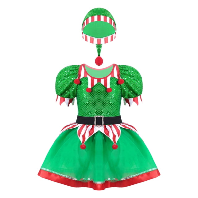 iiniim Robe de Noël Elf pour Filles Enfants Paillettes Brillantes Robe Tutu de Danse de Noël Robe de Vacances Verte 10