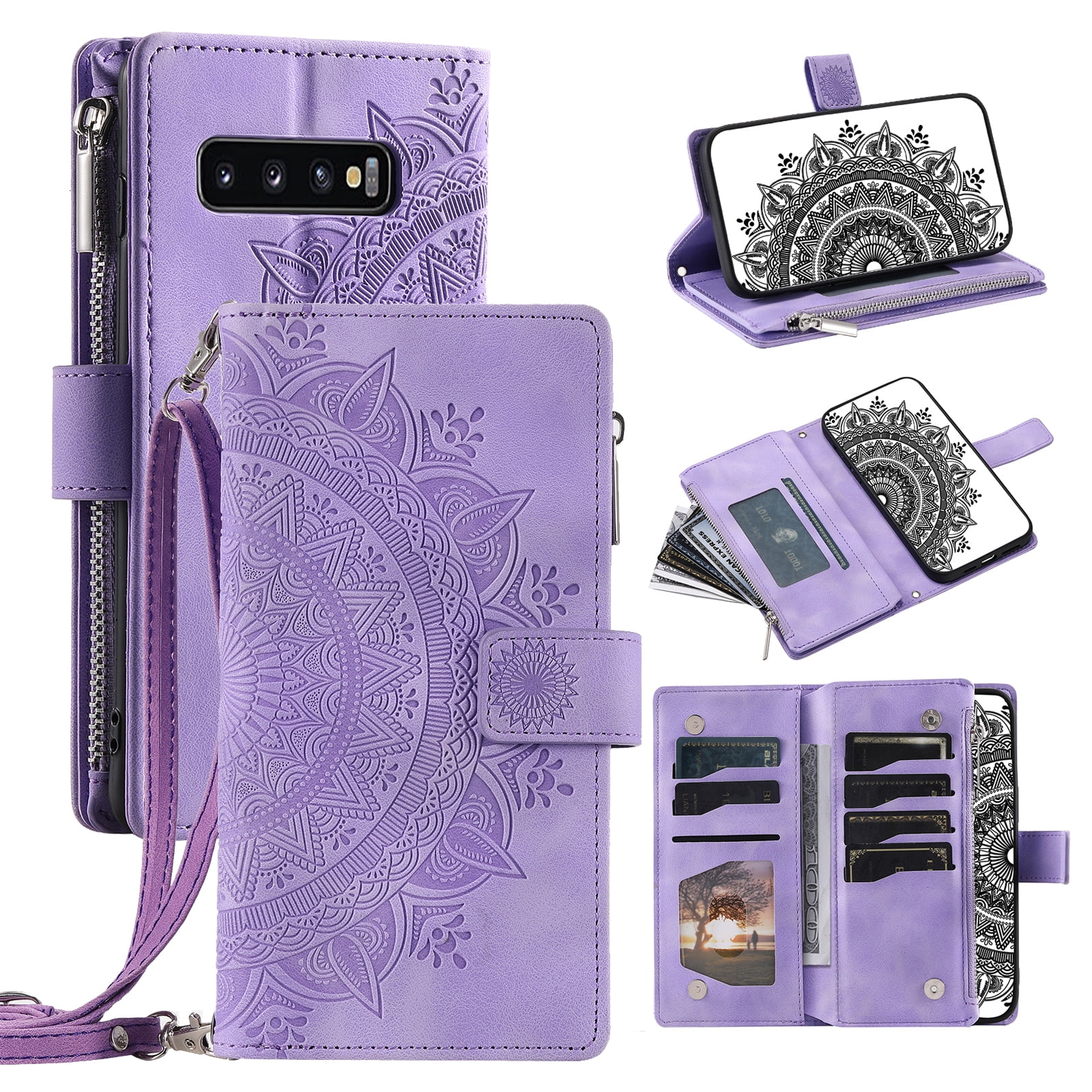 Feishell Zipper Wallet Case for Samsung Galaxy S10 Plus,for Women Men,Stylish Embossed Pattern PU Leather Multi Card Slots Magnetic Clasp Flip Kickstand Crossbody Phone Case with Shoulder Strap,Purple