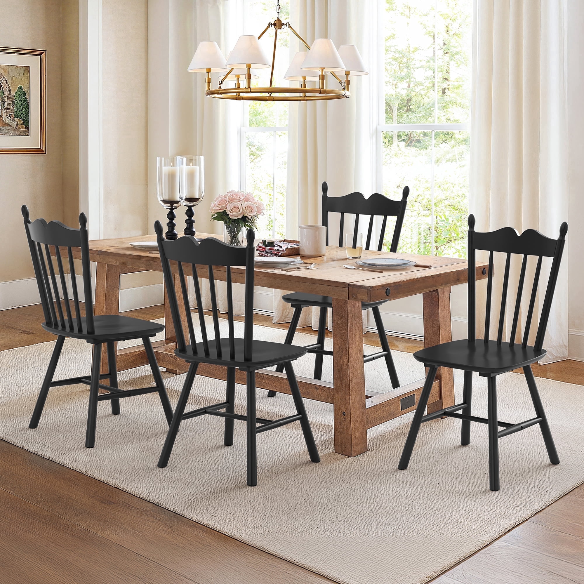 Dycanpo Dining Chairs Set of 4, Windsor Wooden Dining Chair with Thickened Backrest for Kitchen, Black