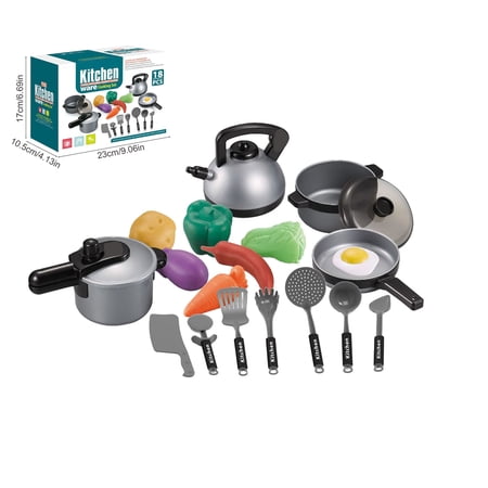 18PCS Pretend Kitchen Cookware Play Toys Kids Realistic Pot Kettle Utensils Fake Veggie Cooking Playset Preschool Educational Learning Toys Imaginative Chef Role Play Kit for Boys Girls Ages 3+