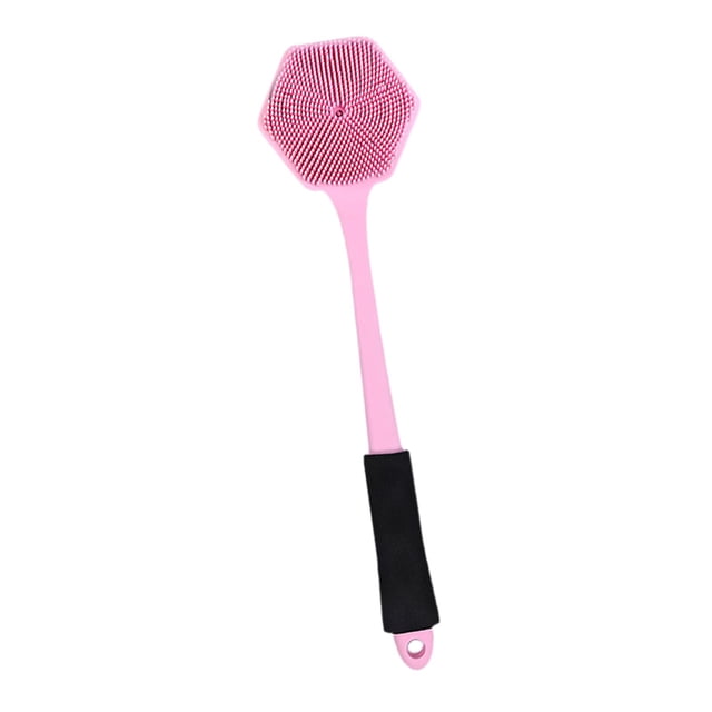 Esponja de baño de silicona con cerdas suaves y cuerpo ergonómico de doble cara y compacto. rosa