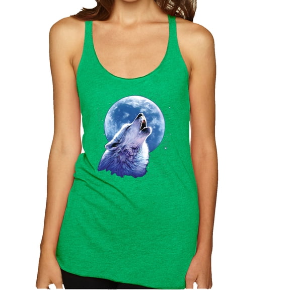 Wild Bobby, Wolf Howling at the Moon | Womens Animal Lover Premium Tri-Blend Racerback Tank Top, Envy, Large