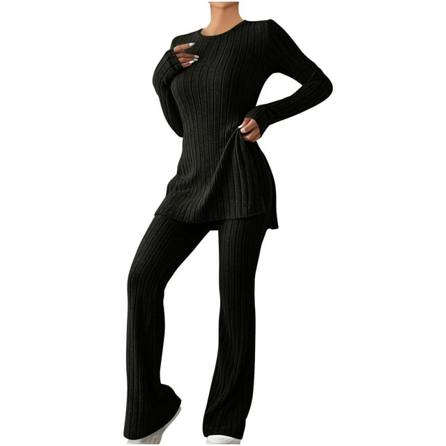 Timegard Lounge Sets for Women Ribbed Crew Neck Long Sleeve Slim Tops Flare Legging Fall Winter Outfits