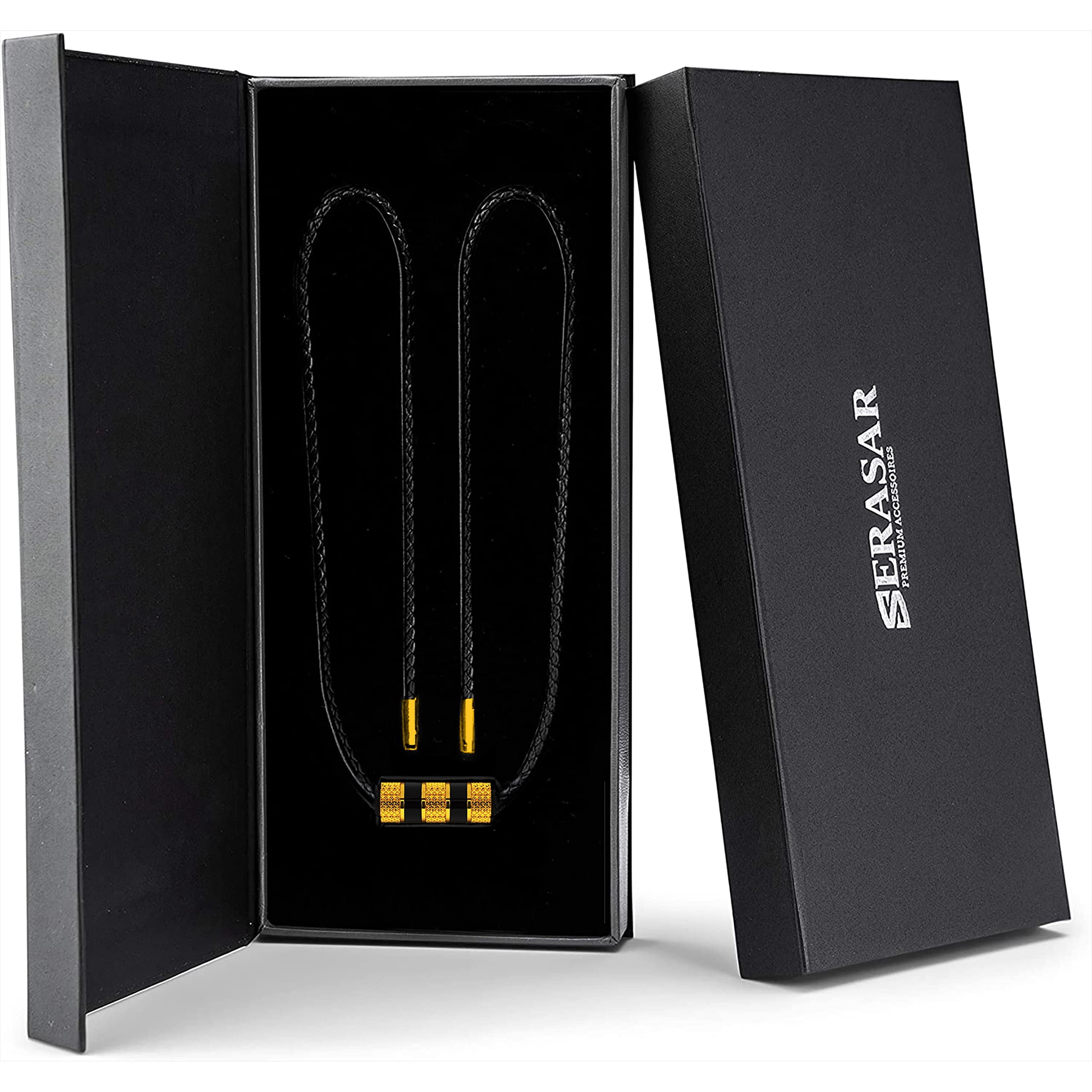 SERASAR Men's Leather Necklace "Solid" with Stainless steel Pendant and Magnetic Closure, Gold 60cm, incliding Gift box