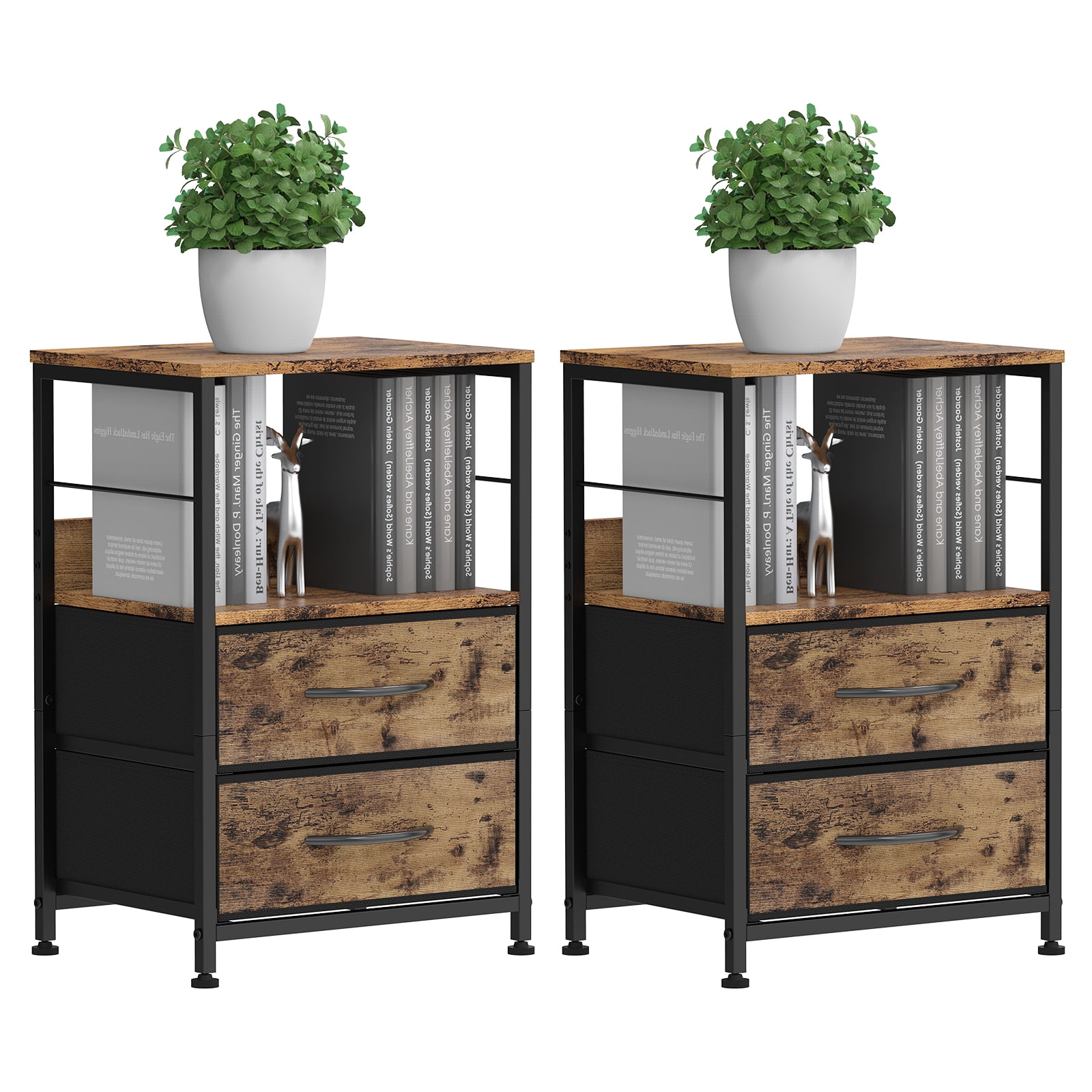 Oumilen Adult Nightstand for Bedroom End Side Table with 2 Drawers and Open Shelf Wood, Brown Set of 2