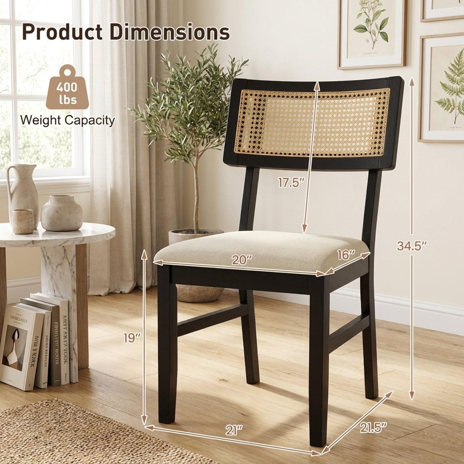Furnibear Rattan Dining Chairs Set of 2 Fabric Upholstered Kitchen Chairs with Padded Seat and Rubber Wood Legs for Kitchen Dining Room Living, Black