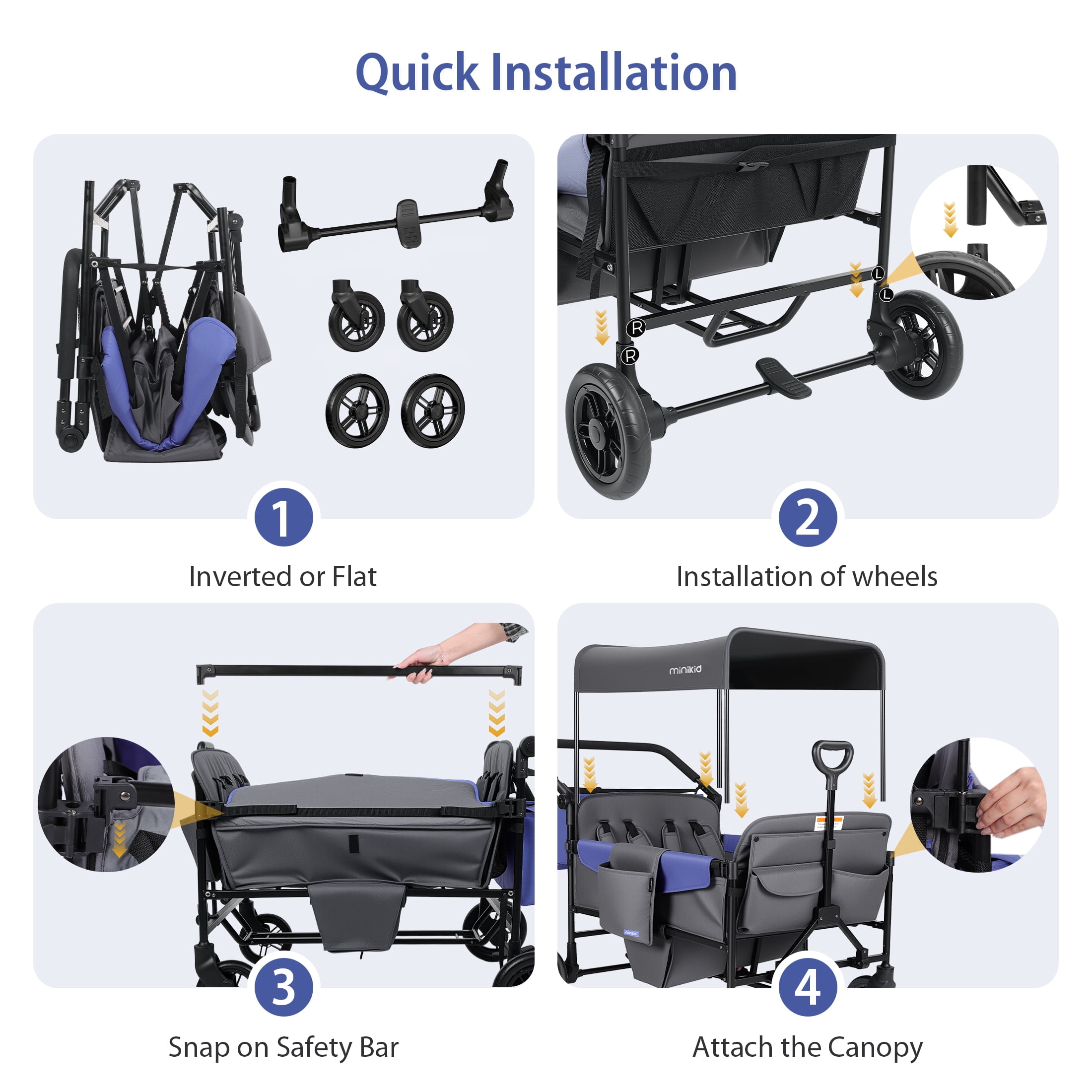 Minikid Baby Stroller Wagon for 4 Kids,Multifunctional Wagon with Detachable Canopy,Adjustable Handlebars,Easy Storage,Dark Grey