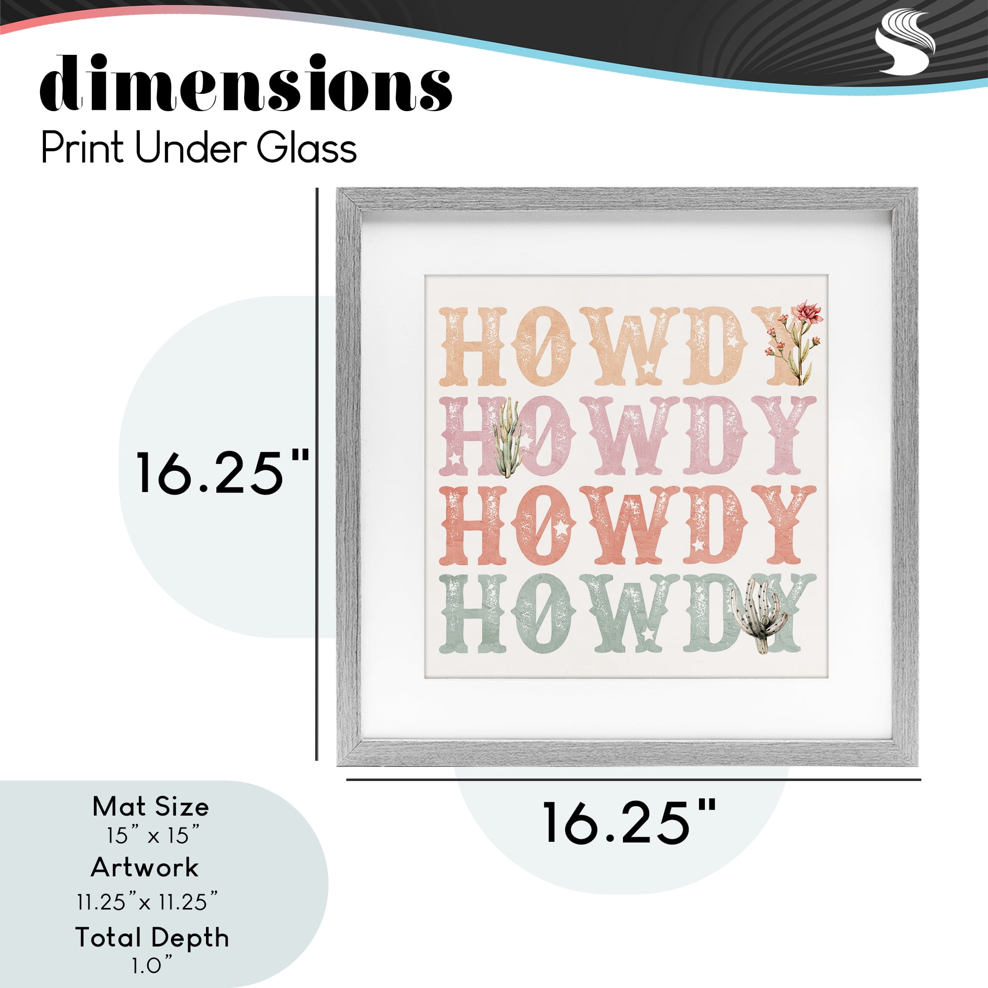 Vintage Howdy Rainbow Text Gray Framed Print Under Glass, design by Kim Allen