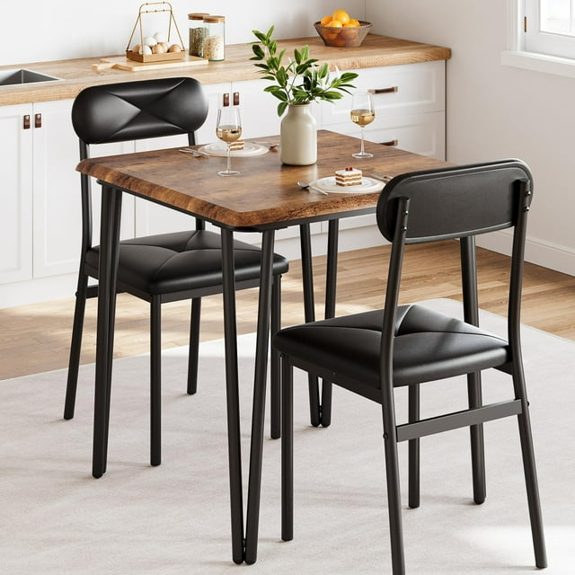 Dining Table Set for 2 With Upholstered Chairs 3 Piece Square Dining Table Set Breakfast Nook Farmhouse Kitchen Table With 2 Chairs Dinette Set for Dining Room, Apartment, Small Space, Rustic Brown