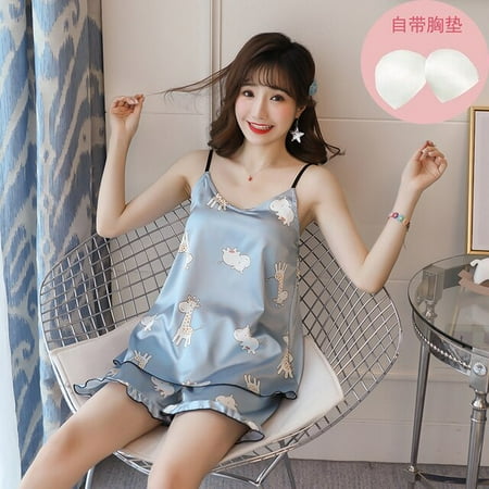 

DanceeMangoo Fruit Print Lovely Sleepwear Home Suit Summer V-Neck Sleeveless Sexy Pyjamas Womens Two Piece Silk Pajamas Set with Chest Pad