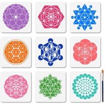 9 PCS Sacred Geometry Flower Stencils 5.9x5.9 Inches Circle Star Polygon Reusable Stencils Triangle Mandala Floral Drawing Templates with Paint Brush