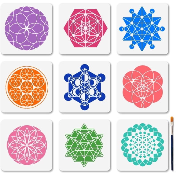9 PCS Sacred Geometry Flower Stencils 5.9x5.9 Inches Circle Star Polygon Reusable Stencils Triangle Mandala Floral Drawing Templates with Paint Brush