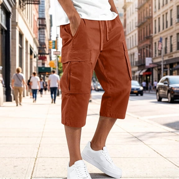 Domuza Men's Capri Pants with Pockets Quick Dry Cargo Outdoor Hiking Work Summer Long Shorts Below Knee Camel M
