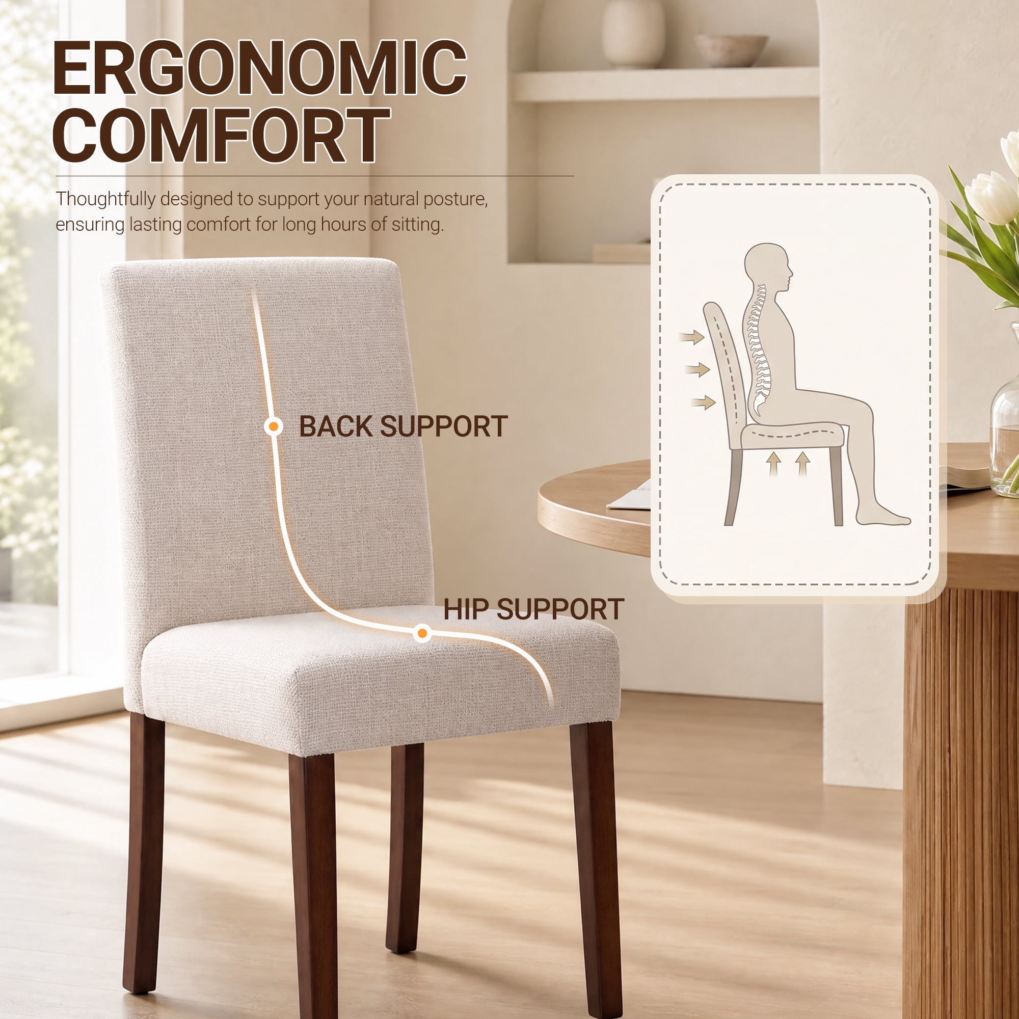 Upholstered Fabric Dining Chairs Set of 2 with Wood Legs, Modern Parsons Chairs with High Back for Kitchen, Dining Room, or Restaurant, Beige