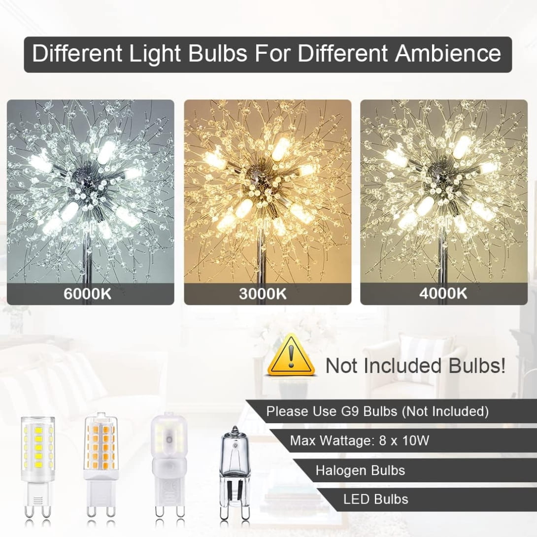 Modern Crystal Floor Lamp for Living Room & Bedroom, 69" Tall with 32 Firework Crystals, Sturdy Chrome Base, 360° Lighting, Easy Assembly