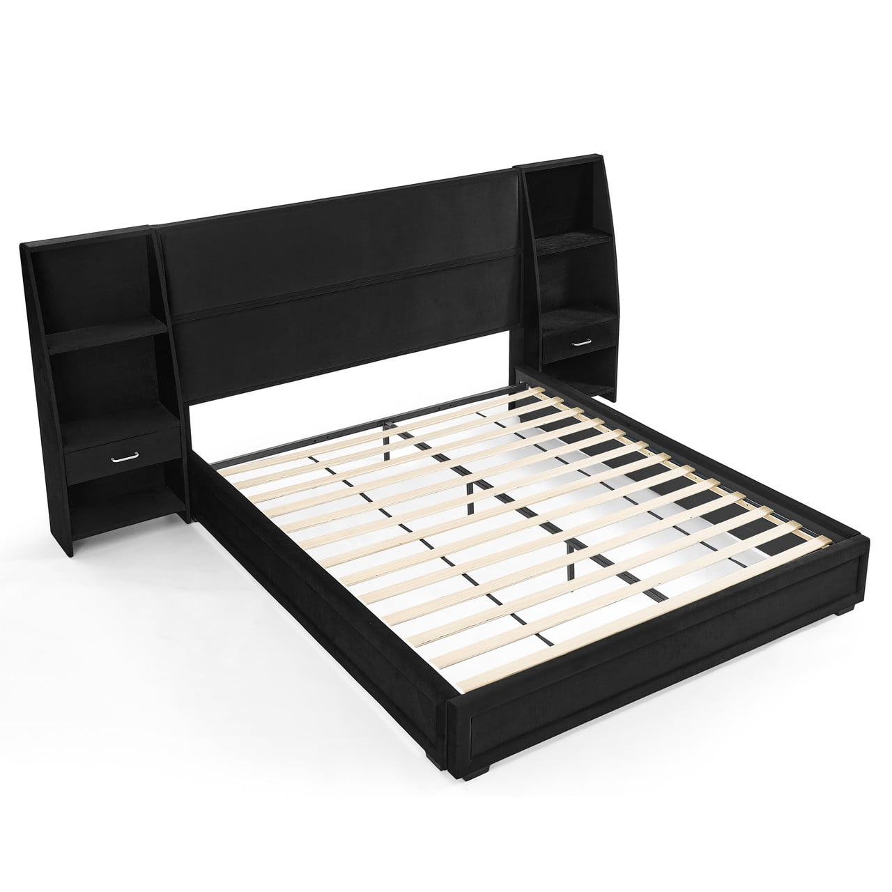 Queen/King Size Modern Upholstered Platform Bed Frame, Velvet Storage Bed with Headboard, Side Bookcases & Drawers Nightstand