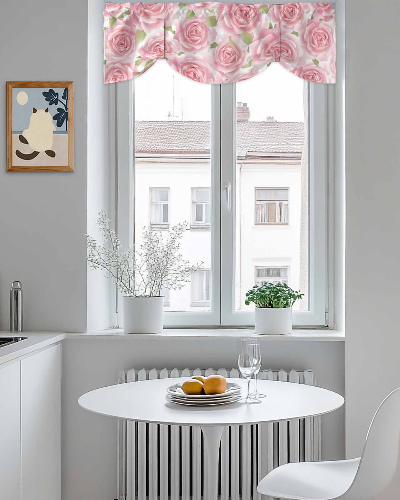 Pink Rose Floral Tie Up Valances Curtain, Adjustable Kitchen Flowers Leaves Pastoral Plant Classic Valances for Windows Decor, Rod Pocket Short Curtains Set for Bedroom/Bathroom, 54"x18"