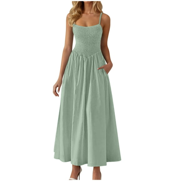 yoeyez Womens Maxi Dress Summer 2025 Smocked Spaghetti Straps Long Sun Dress Casual Round Neck Swing A Line Dress Pockets Flowy Beach Vacation Dress Mint Green,XXL