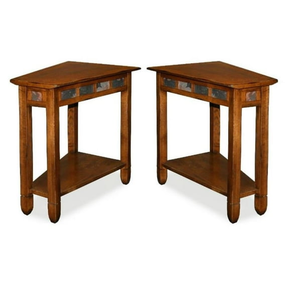 Home Square Rustic Slate Wood Recliner Wedge End Table in Rustic Oak - Set of 2