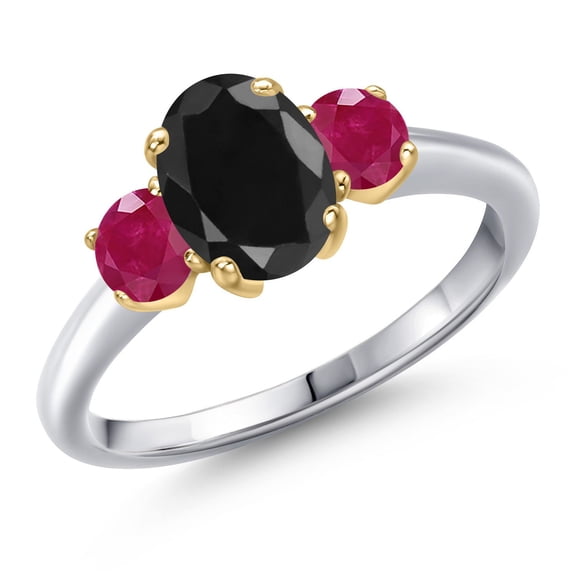 Gem Stone King 925 Silver and 10K Yellow Gold Black Sapphire and Red Ruby Engagement Ring for Women | 2.36 Cttw | Oval 8X6MM | Gemstone September Birthstone | Size 7