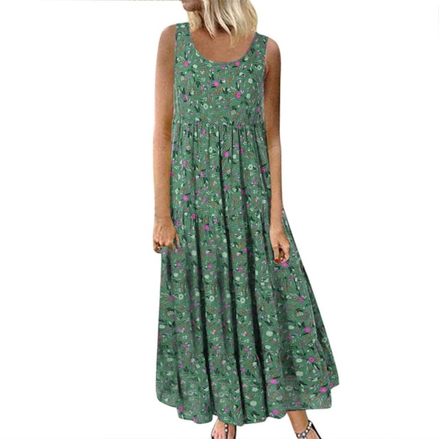 Robe Maxi Sans Manches d'Été pour Femmes Cou Imprimé Floral Robes de Plage Décontractée Boho Longue Robe Débardeur