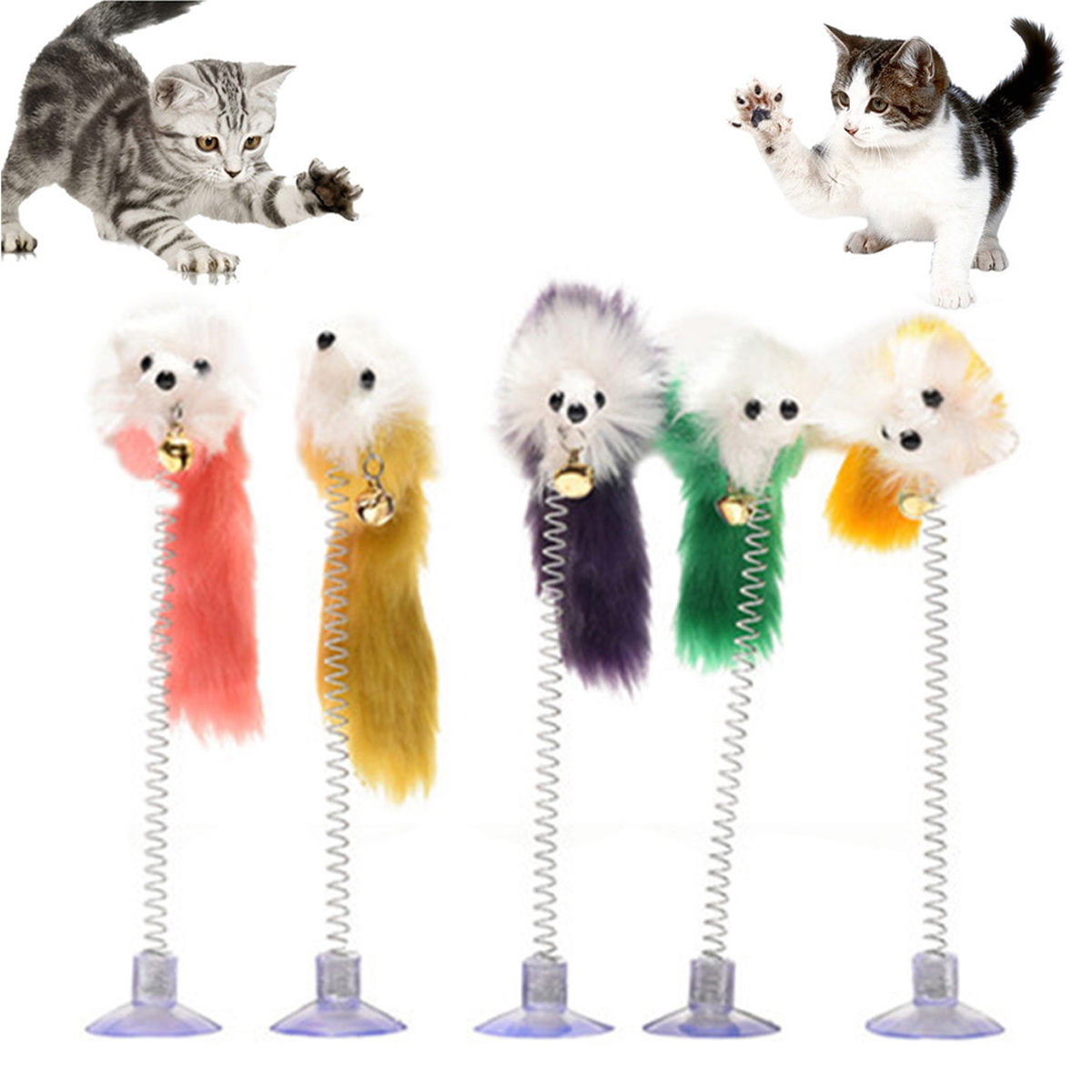 MAIYU Cat Teaser Wand 5 Packs Metal Wire Spring Cat Toy with Feather and Bell Sucker Cat Teaser Rod Interactive Cat Tease Toys