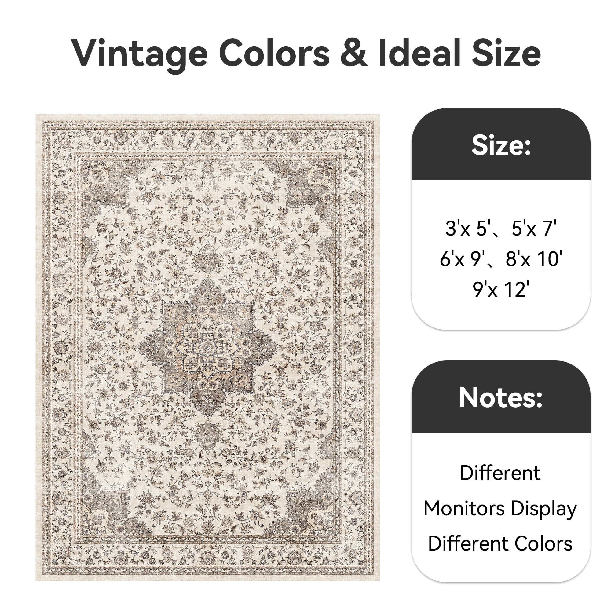SIXHOME 9x12 Feet Washable Non-Slip Area Rug - Traditional Distressed Vintage Brown Rug with Retro Floral Design, Ultra-Soft Indoor Large Carpet for Living Room, Bedroom, Dining Room