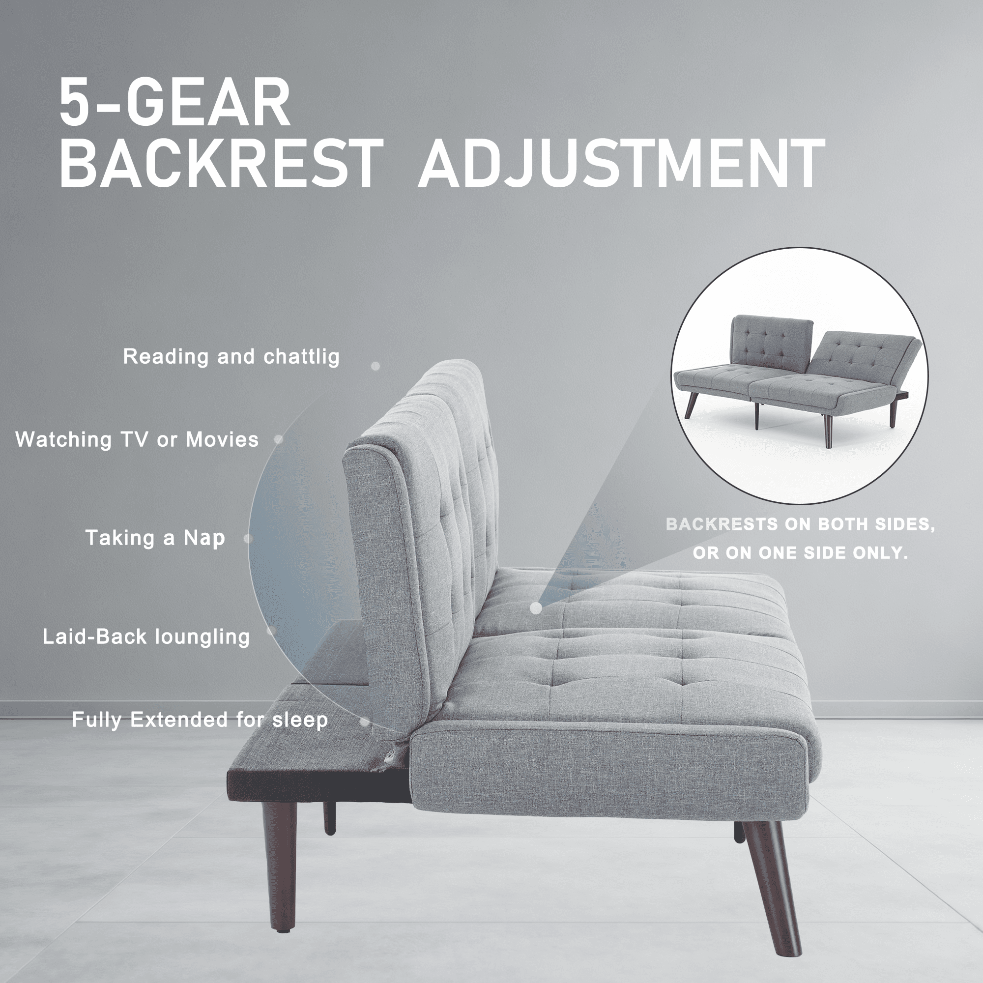 Gewnee 63 Inch 3-in-1 Linen Convertible Sofa Bed for Living Room, Apartment and Bedroom，Grey