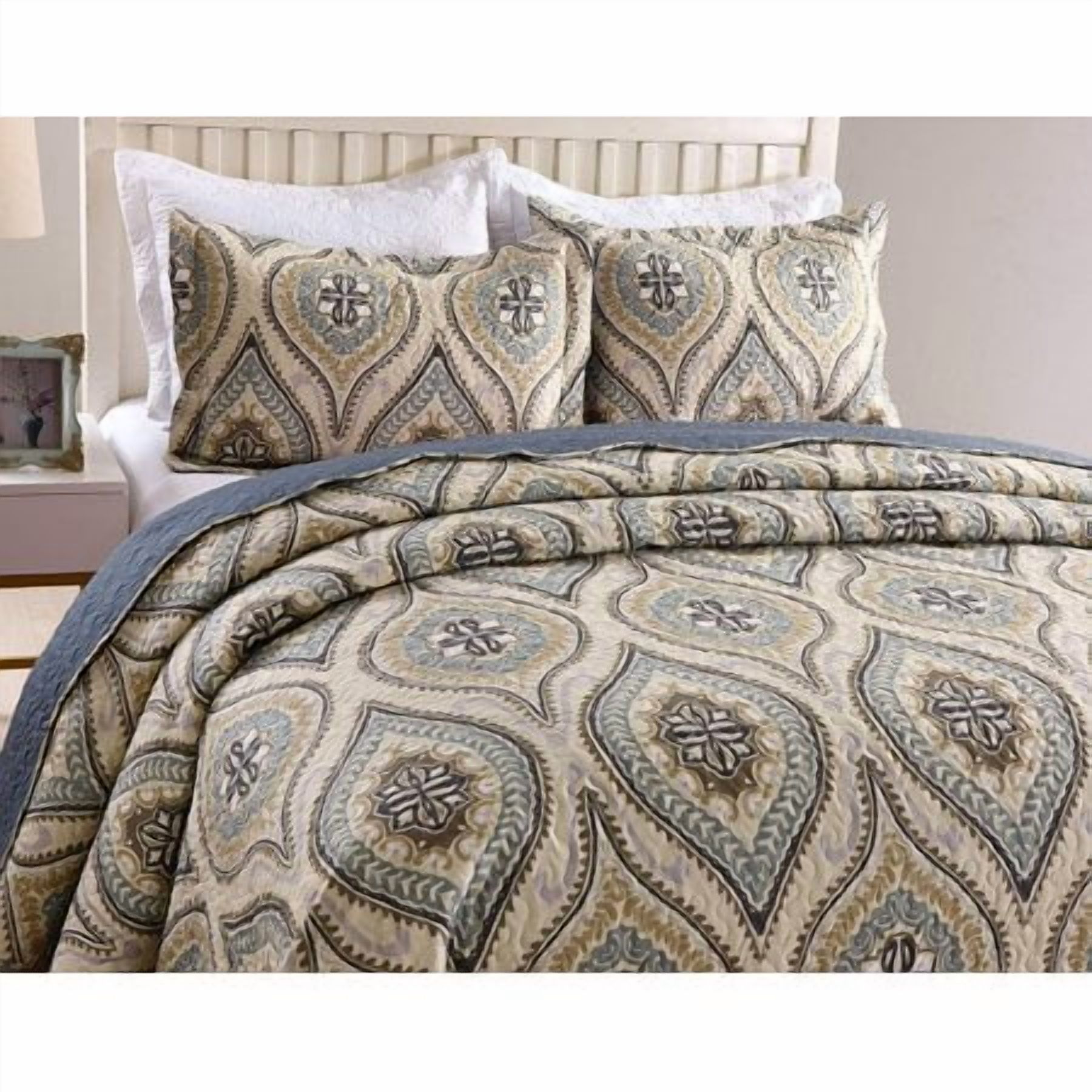 MarCielo 3 Piece Quilted Bedspread Queen, Printed Quilt, Quilt Set Bedding Throw Blanket Coverlet Oversize Lightweight Bedspread Ensemble, Dark Grey Queen Size, Joni