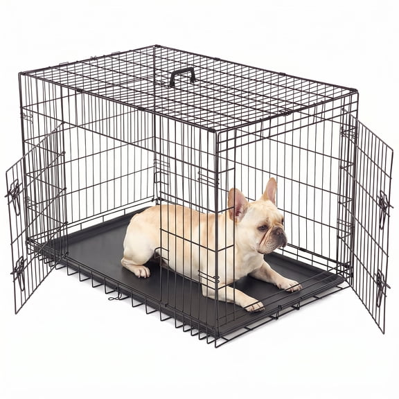 Alvantor 36-48 Inch Double Door Dog Crate - Heavy Duty Foldable Metal Cage with Divider, Removable Tray & Enhanced Safety Design for Large Dogs, Black