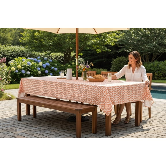 Serafina Home Summer Orange And White Geometric Umbrella Vinyl Tablecloths: Patio Table Cover with Hole and Zipper Closure for Umbrella, 52" x 70" Inch Rectangle