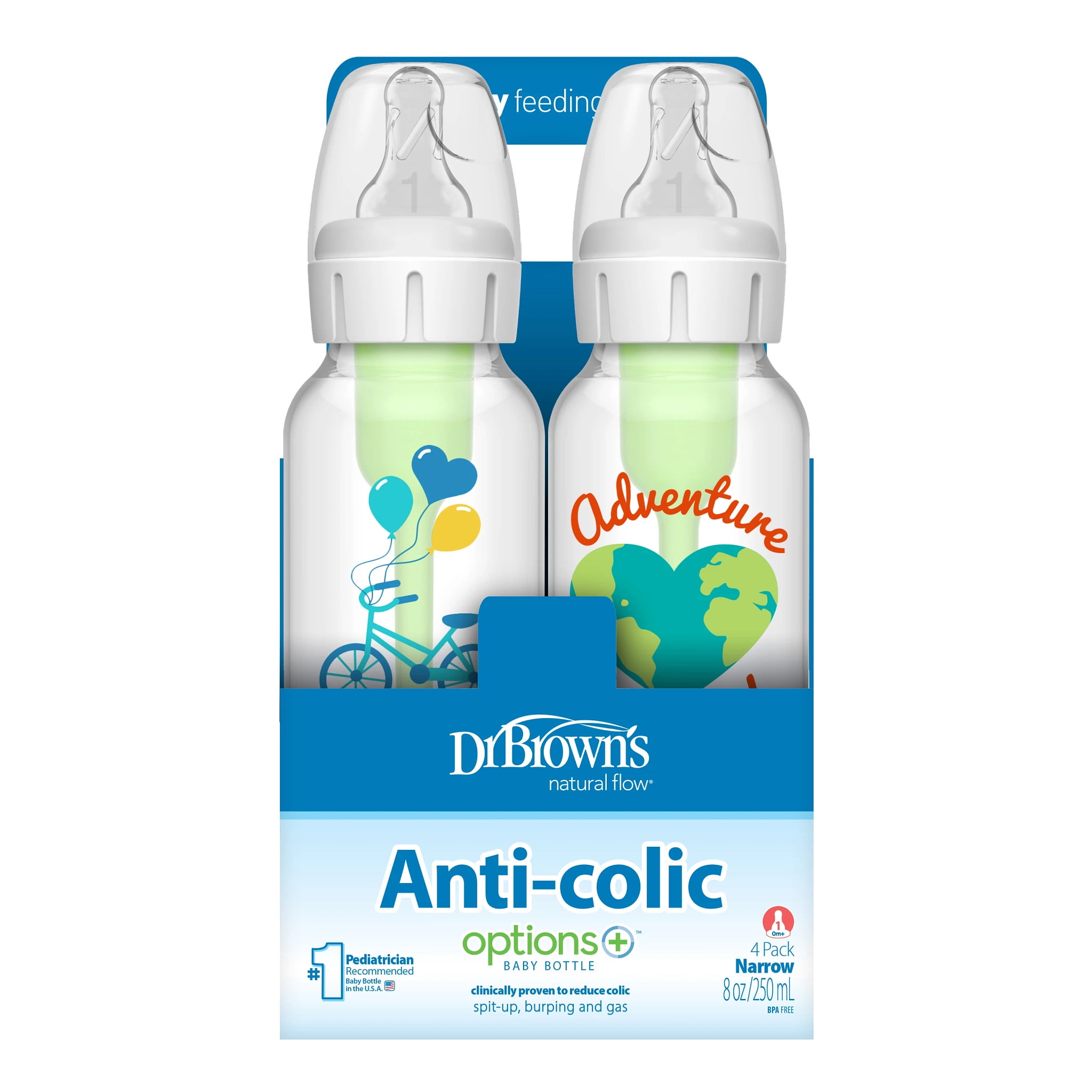 Dr. Brown's Anti-Colic Options+ Narrow Baby Bottle, Dream Adventure, 8oz, 0m+, 4 Pack