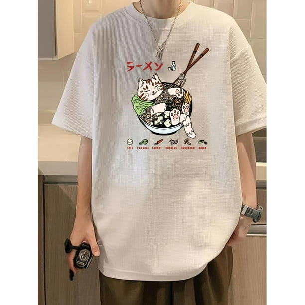 Women'S Casual Crew Neck T-Shirt, Heavyweight Waffle Fabric, 3/4 Sleeve, with Cute Cat Ramen Print, All-Season Fashion Top, Casual Wear|Playful Graphic Tee|Waffle Texture Fabric