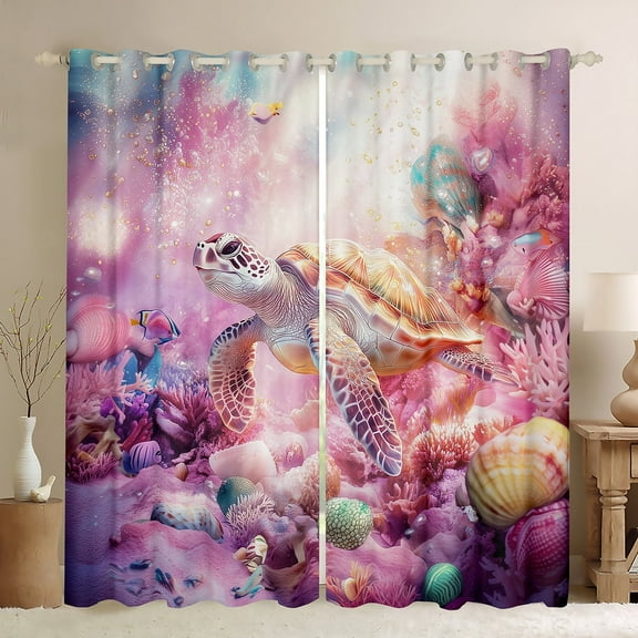 Erosebridal Sea Turtle Curtains and Drapes (38x45), Pink Ocean 30%-50% Blackout Curtains for Bedroom, Kawaii Seashell Curtains for Living Room, Bedroom Curtains Room Decor