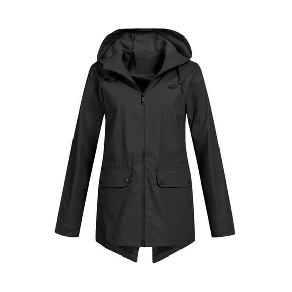 Women Waterproof Long Sleeves Zipper Hooded Long Light Raincoats Travel Hooded Trench Coats Black XXL