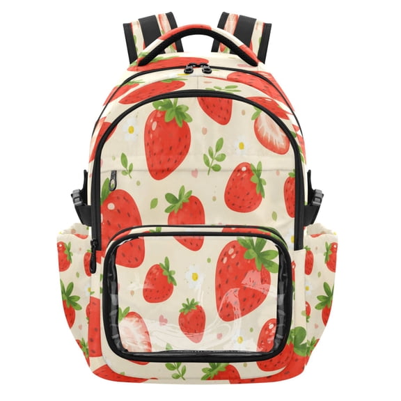 Qxltty Cartoon Strawberry Backpack School Bookbag with Clear PVC Front Pocket, Laptop Compartment, Water Resistant Travel Daypack for Students